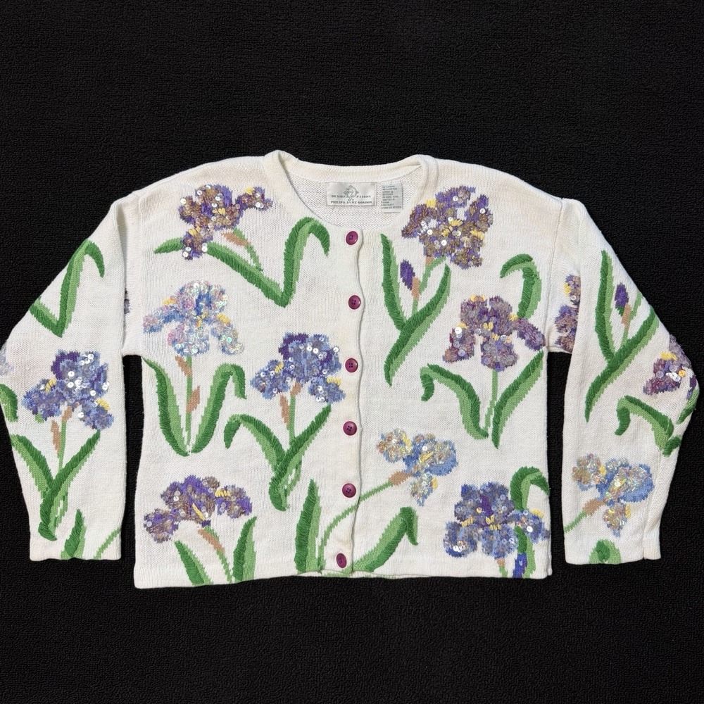 Design Option Philip Jane Gordon All Over Iris Floral Embroidery Cardigan M Flaw